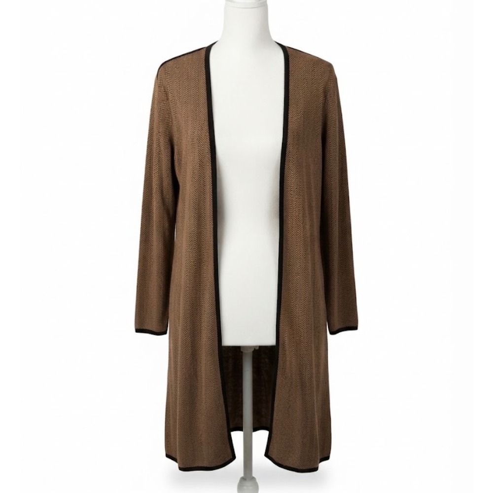 Misook Woman Brown Black Herringbone Knit Open Front Duster Cardigan 2X